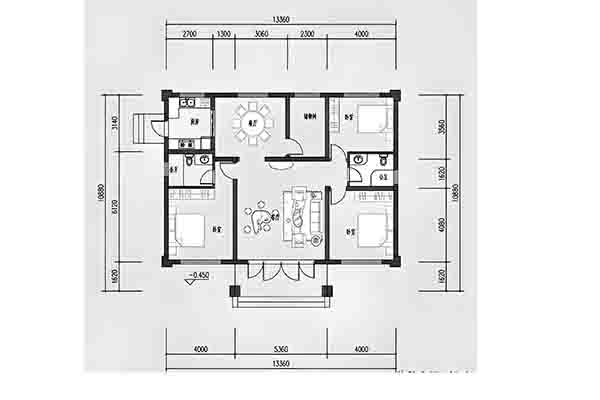 农村一层自建房平面图：13m×10m钢筋结构，4室2厅面积全解析