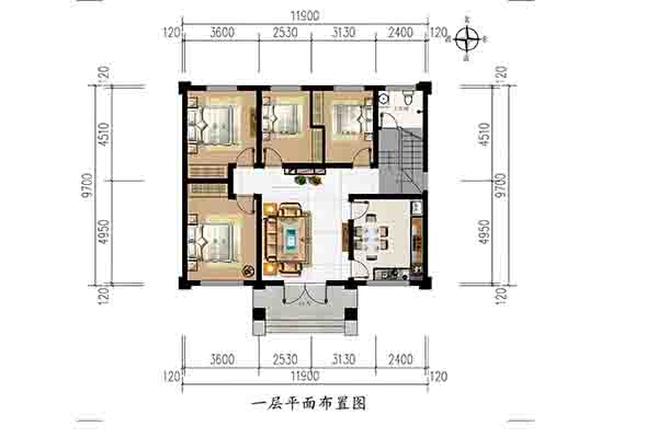 12m×9.7m农村一层自建房，钢筋结构+四卧双卫，小面宽也能做出大格局缩略图
