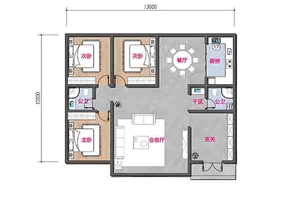 13m×10m农村一层自建房，钢筋结构+三卧双卫+**会客厅，这才叫精致生活 - 建房图纸