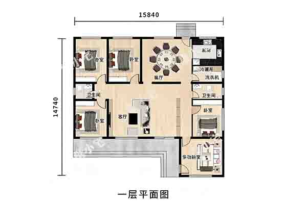 15.84m×14.74m农村一层自建房，钢筋结构+4卧双厅双卫+洗衣区，大户人家的理想型 - 建房图纸