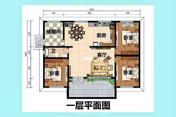 15m×10m农村一层自建房，钢筋结构+3卧2厅2卫+**储藏间，经济实用 - 建房图纸