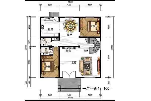 13m×13m三层农村自建房｜一层双卧+神龛位，钢筋框架承载三代同堂 - 建房图纸