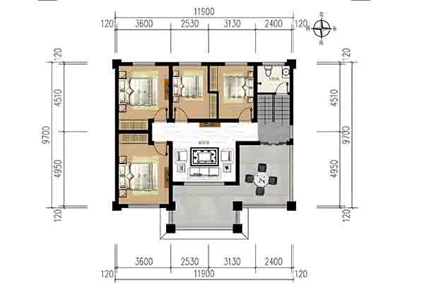11.9米×9.7米二层农村自建房，客餐厅**分区+五卧分层布局，老人免爬楼、家人互不扰