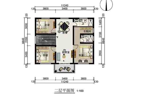 11.2m×8.8m二层农村自建房｜二层茶室+衣帽间+三卧，钢筋结构紧凑型住宅 - 建房图纸