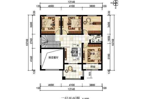 12.1m×10.7m二层农村自建房｜二层挑空客厅+三卧+大阳台，钢筋结构宽敞型住宅 - 建房图纸