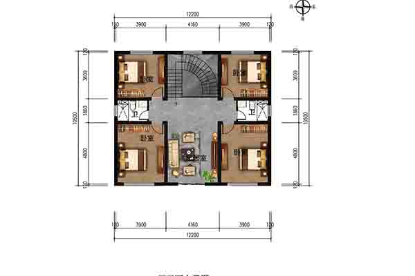 12.2m×10.5m二层农村自建房｜二层四卧+双卫+起居室，钢筋结构实用型住宅 - 建房图纸