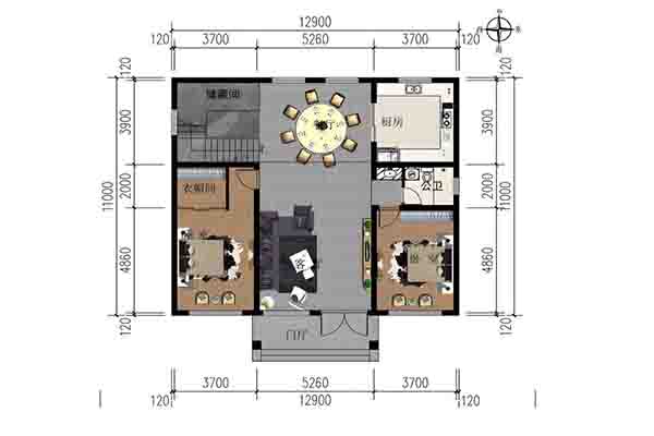 12.9m×11m二层农村自建房｜一层衣帽间+储藏室全配，二层四卧双卫+大露台 - 建房图纸